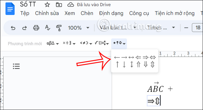 Mũi tên phương trình trong Google Docs