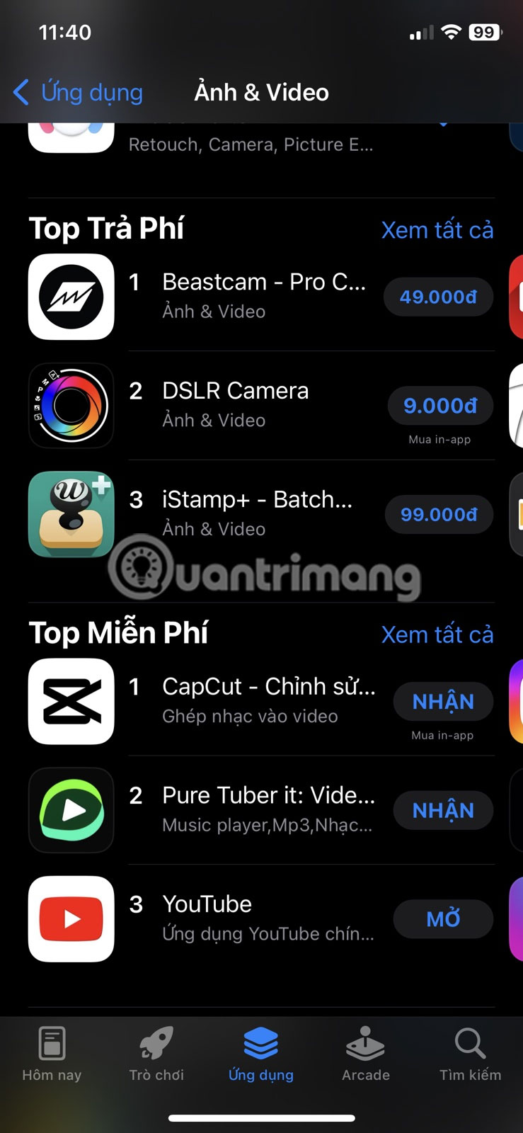 Phần Top trả phí hoặc Top miễn phí
