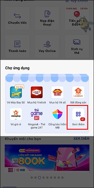 Xem tiện ích trên ứng dụng MB Bank