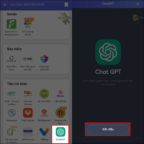 Chọn tiện ích ChatGPT trên MB Bank