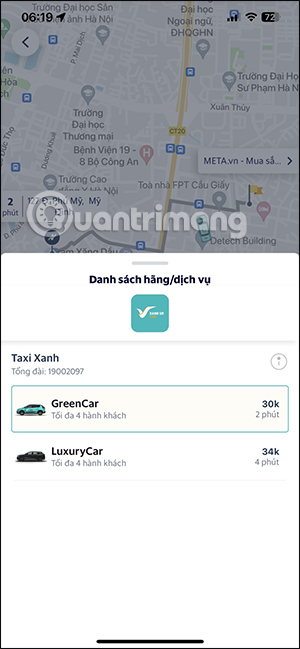Chọn loại xe trên Taxi Xanh SM