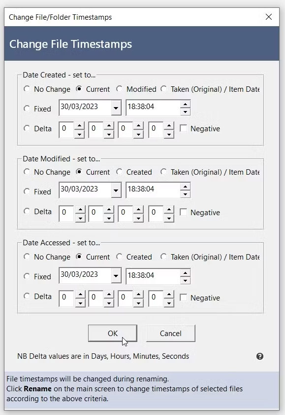 Cửa sổ Chang File Timestmps trong công cụ Bulk Rename Utility