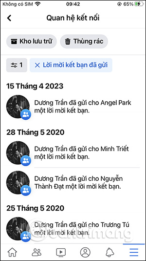 Danh sách kết bạn Facebook đã mời