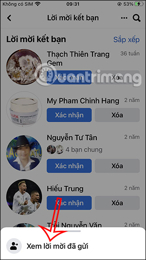 Xem lời mời Facebook đã gửi