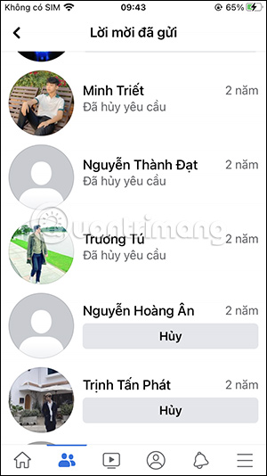 Chọn hủy lời kết bạn Facebook