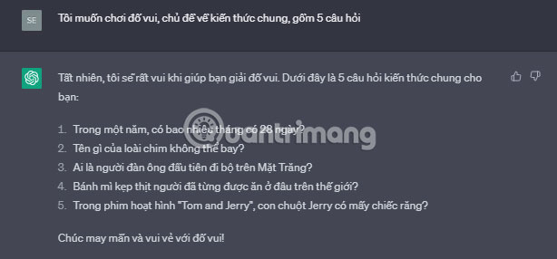 Chơi game đố vui với ChatGPT