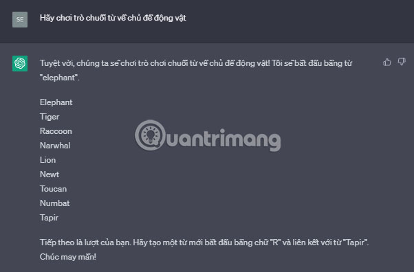 Chuỗi từ do GPT tạo để minh họa cách chơi