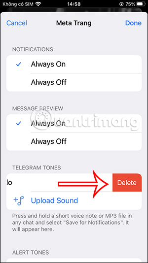 Xóa âm báo đã tải lên Telegram
