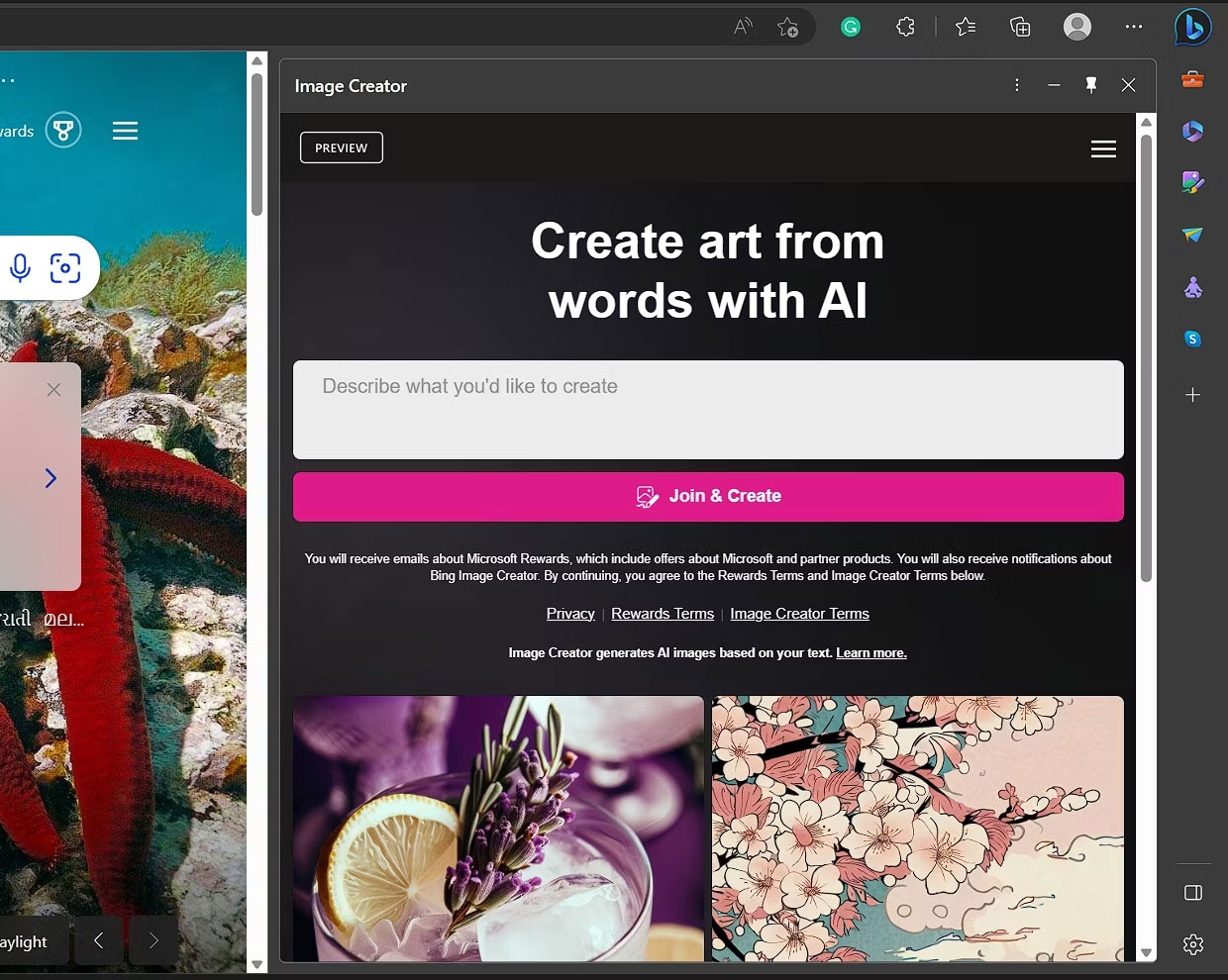 Bing Image Creator đang được sử dụng.