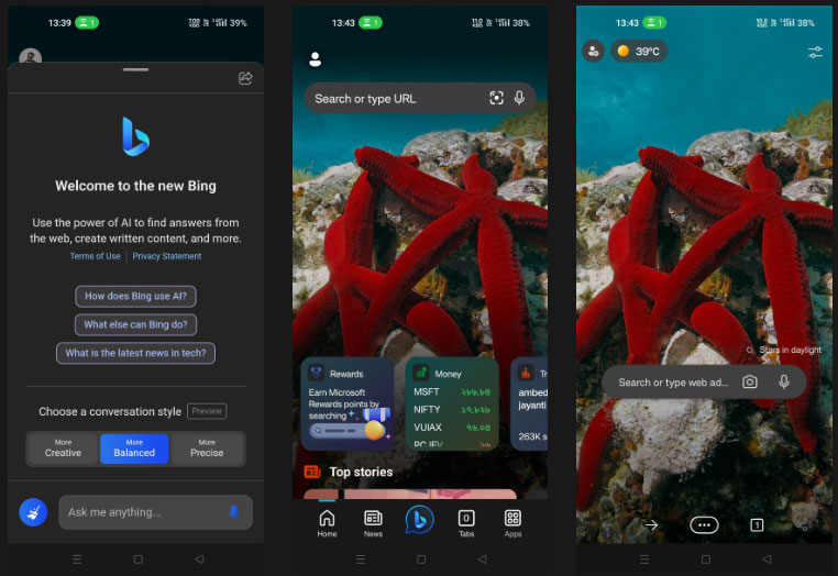 Giao diện người dùng Microsoft Edge trên điện thoại Android
