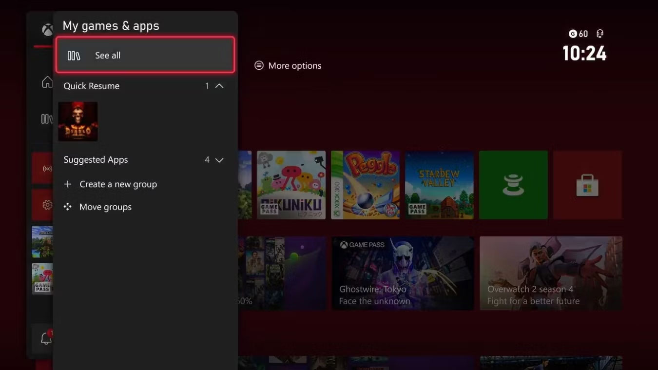 Menu hướng dẫn dành cho Xbox Series X với My games & apps được highlight