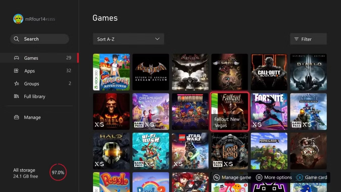 Thư viện game trên Xbox Series X highlight các game Xbox đã cài đặt