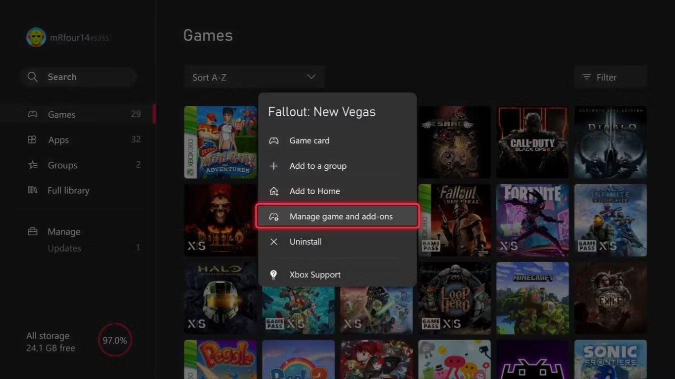 Các tùy chọn có sẵn cho game đã cài đặt trên Xbox Series X