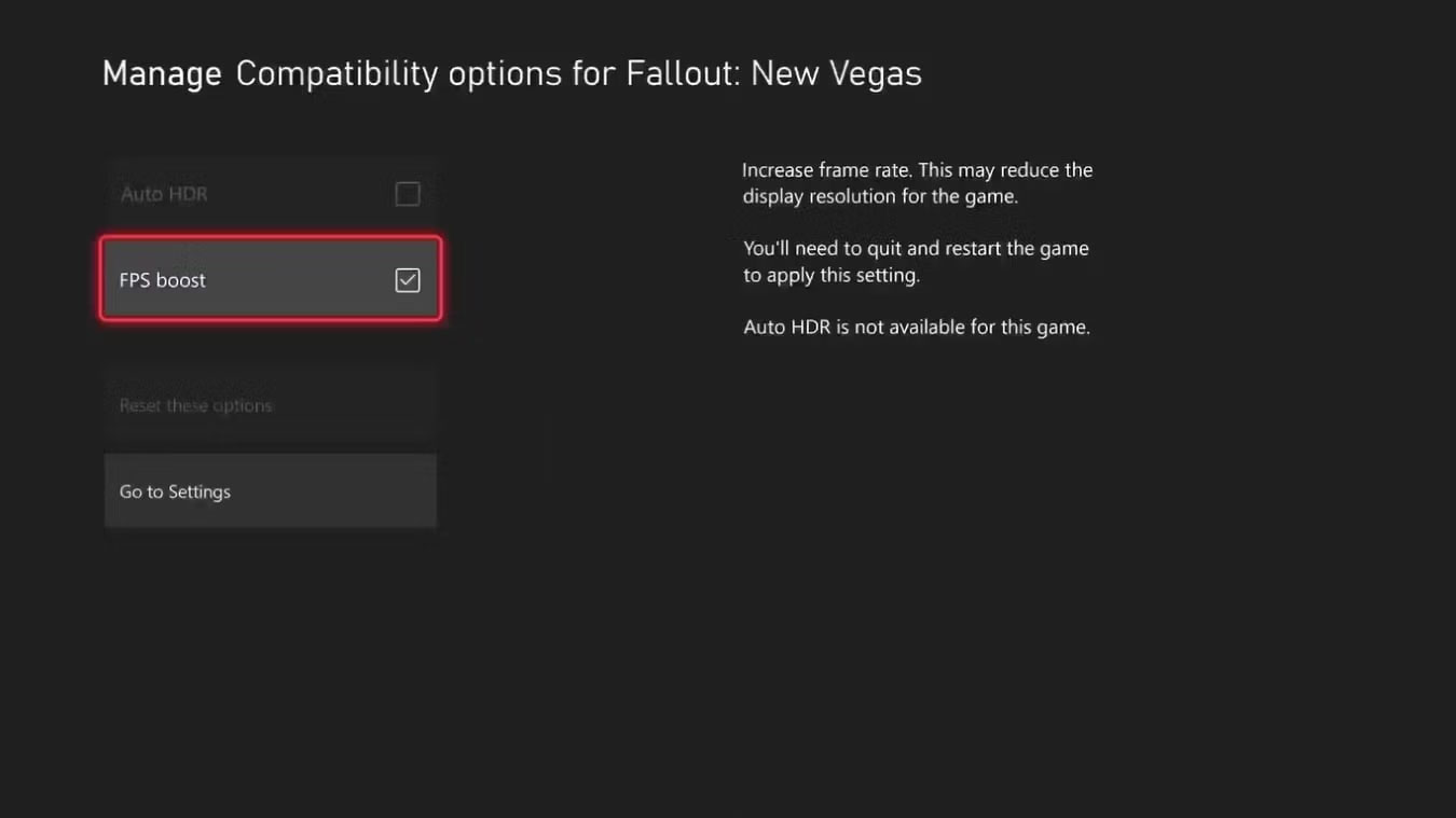 Compatibility Options cho game đã cài đặt trên Xbox Series X hiển thị cài đặt FPS Boost