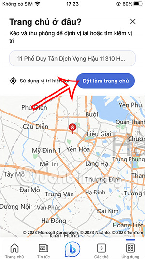 Đặt làm vị trí nhà trên Bing AI