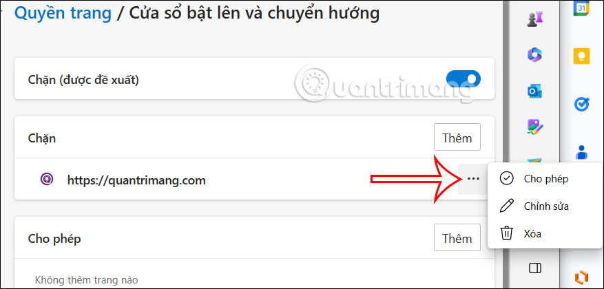 Tùy chỉnh trang web chặn pop-ups trên Microsoft Edge