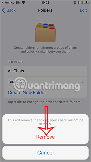 Chọn xóa thư mục Telegram
