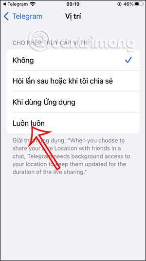 Bật vị trí cho Telegram