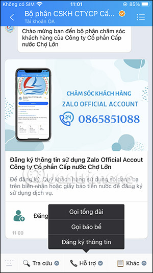 Hỗ trợ thông tin nước trên Zalo 