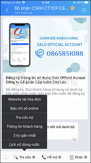 Tra cứu thông tin nước trên Zalo 