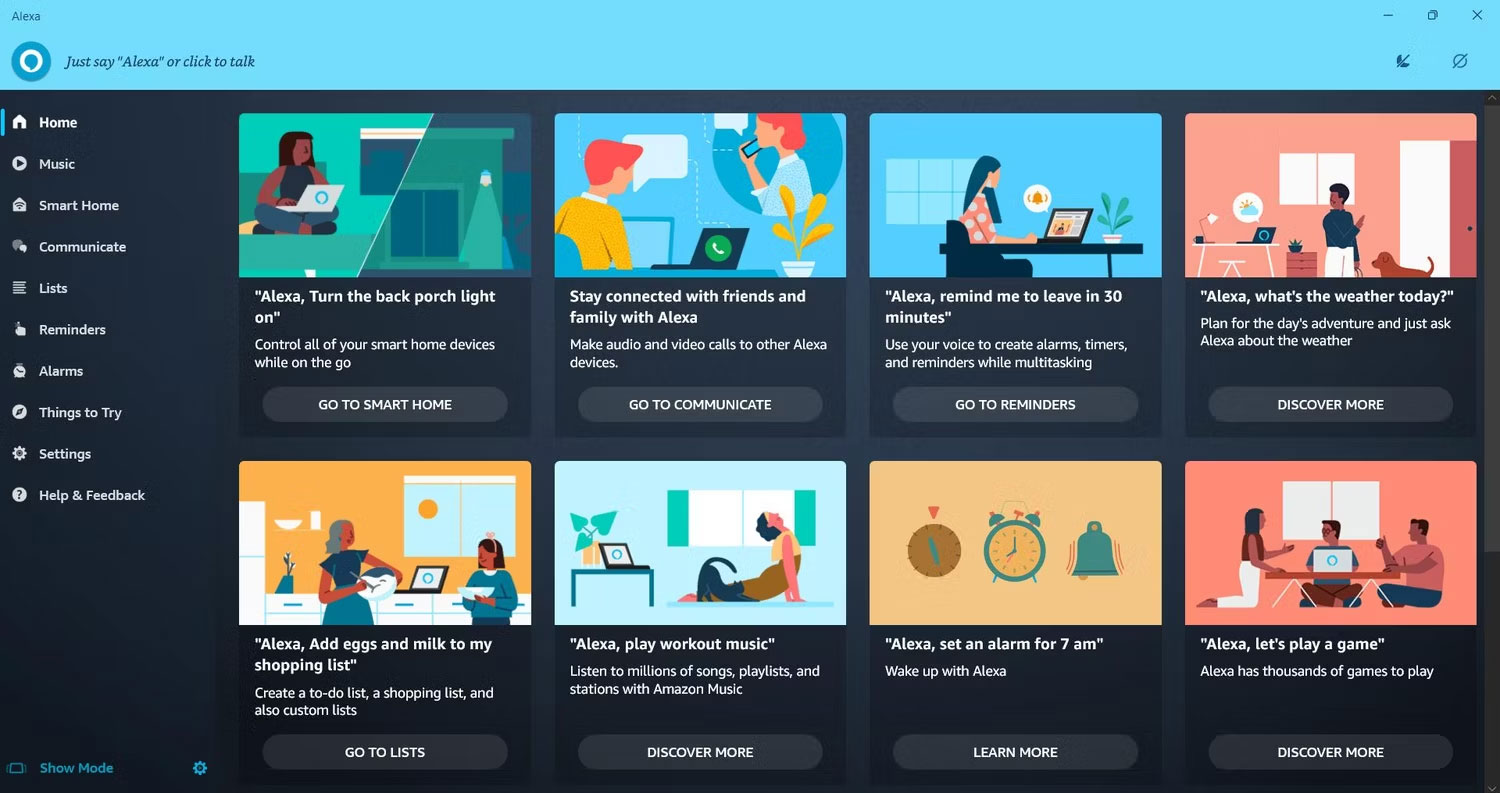 Menu trợ lý ảo Amazon Alexa