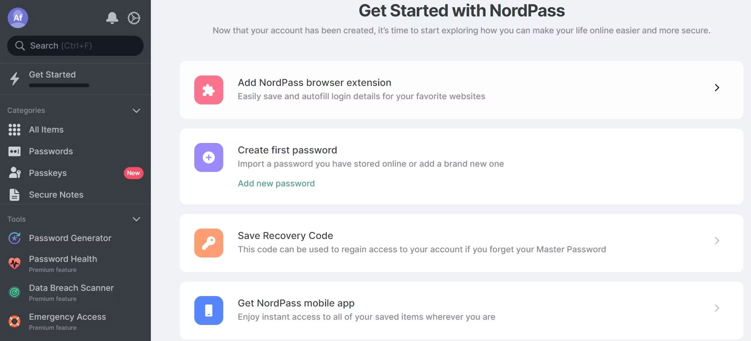 Bảng điều khiển quản lý mật khẩu Nordpass