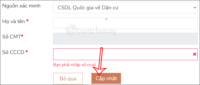 Điền số CCCD Cổng Dịch vụ công Quốc gia