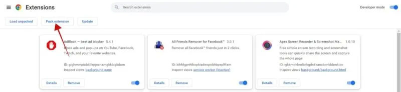 Nhấp vào Pack extension trong Chrome.