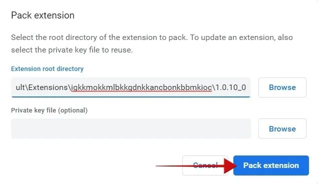 Dán liên kết trong cửa sổ Pack extension được sao chép trước đó từ File Explorer.