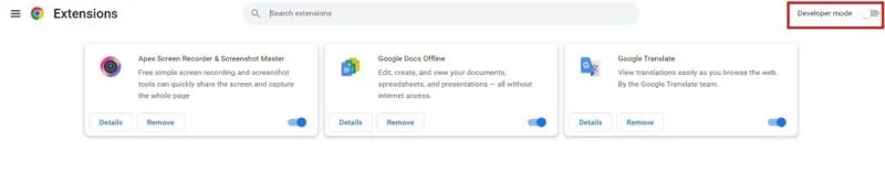 Bật Developer mode trên trang Extensions của Chrome.
