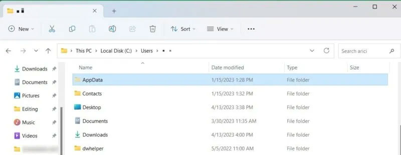 Thư mục AppData hiển thị trong File Explorer.