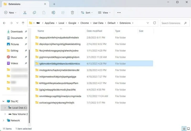 Danh sách extension được cài đặt trong Chrome được hiển thị trong File Explorer.