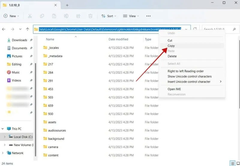 Sao chép đường dẫn extension từ File Explorer.