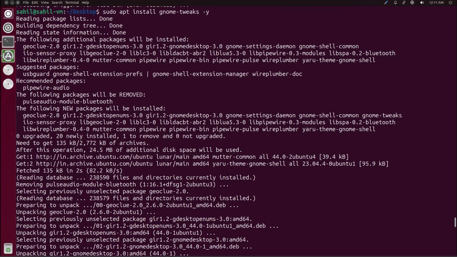 Cửa sổ terminal Ubuntu 23.04 với các đoạn code