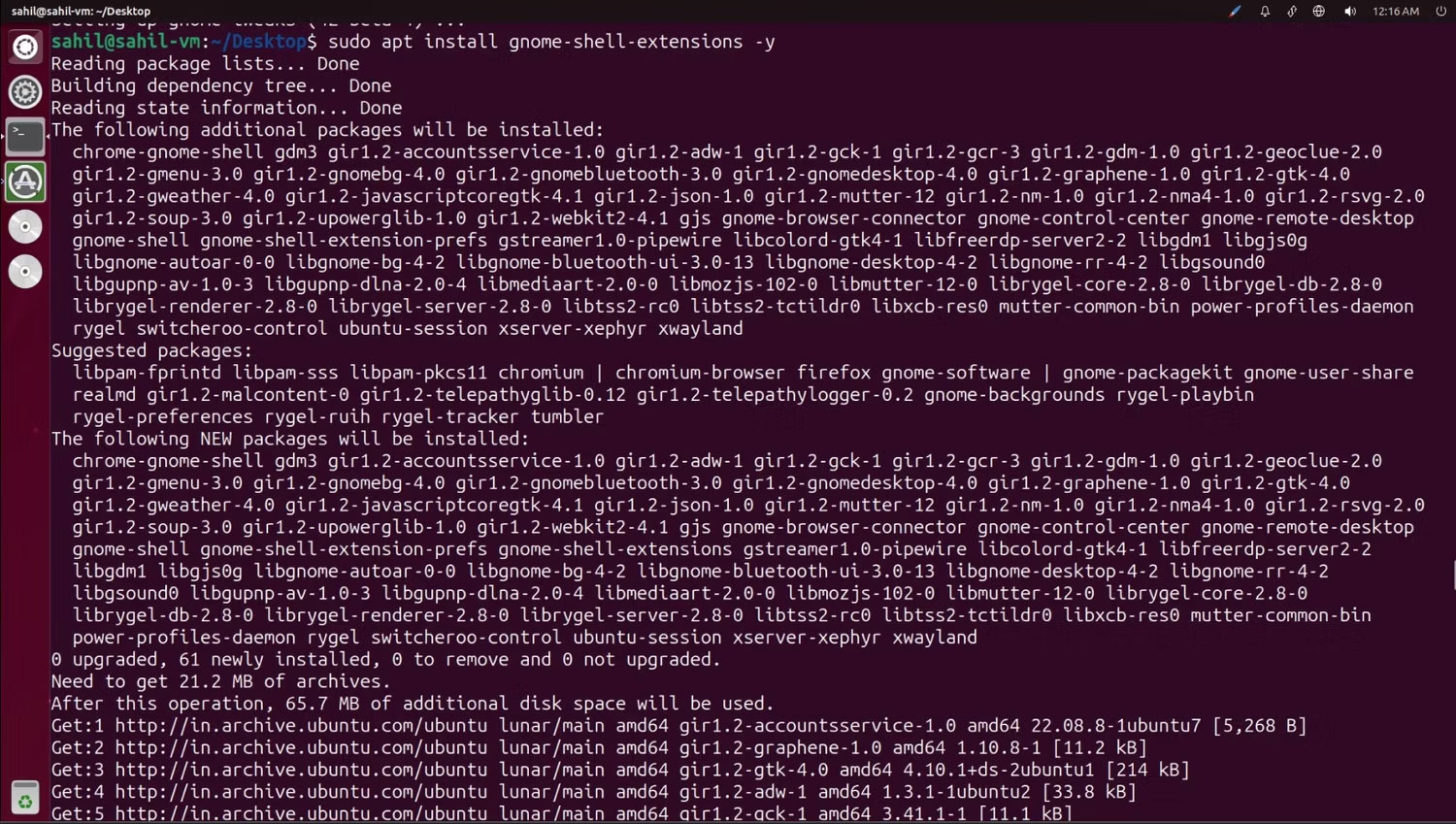 Cửa sổ terminal Ubuntu với các đoạn code trên Ubuntu 23.04