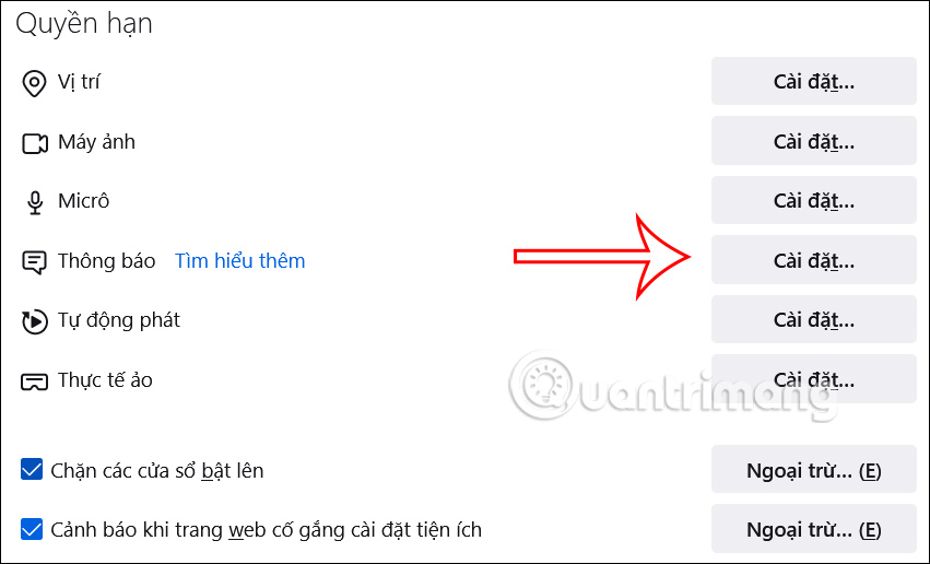 Cài đặt quyền trên Firefox