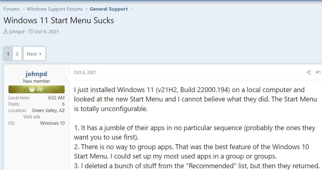 Bài đăng trên diễn đàn của người dùng về menu Start của Windows 11