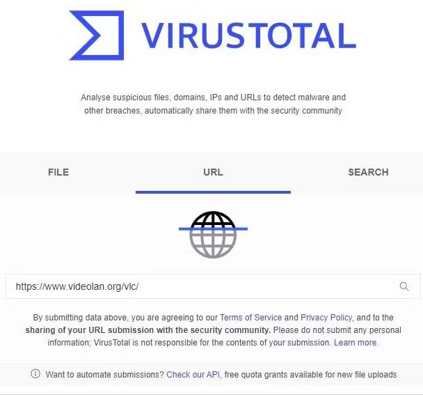 Dán liên kết đã tải xuống của file vào thanh tìm kiếm URL trên trang web chính thức của VirusTotal