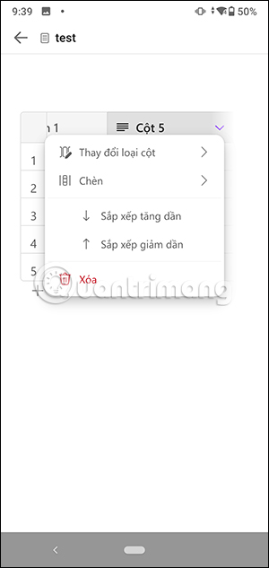 Chỉnh cột trong bảng Microsoft Loop
