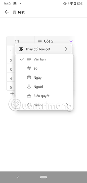 Thay đổi cột trong bảng Microsoft Loop