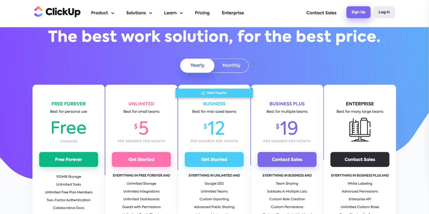 Giá của các gói ClickUp