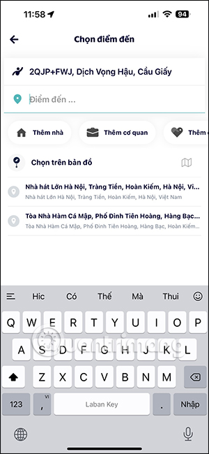 Chọn địa điểm di chuyển ưa thích