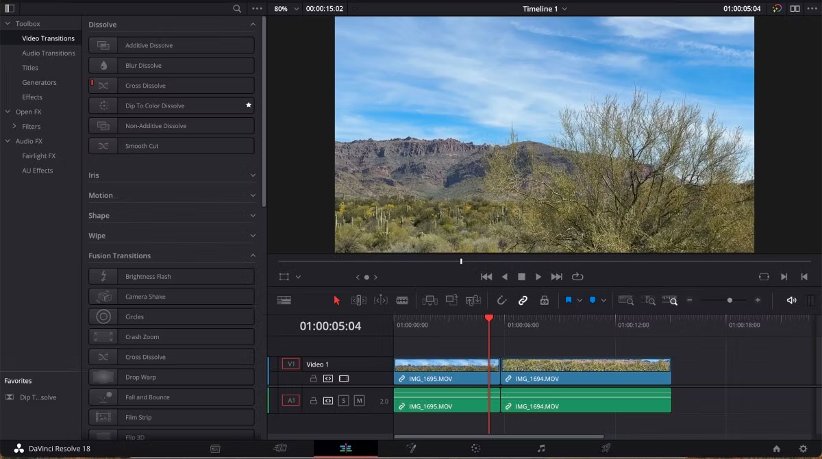 Các hiệu ứng DaVinci Resolve mở trong cửa sổ xem trước