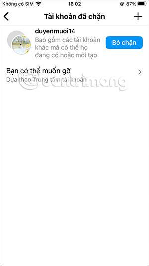 Danh sách Instagram đã chặn