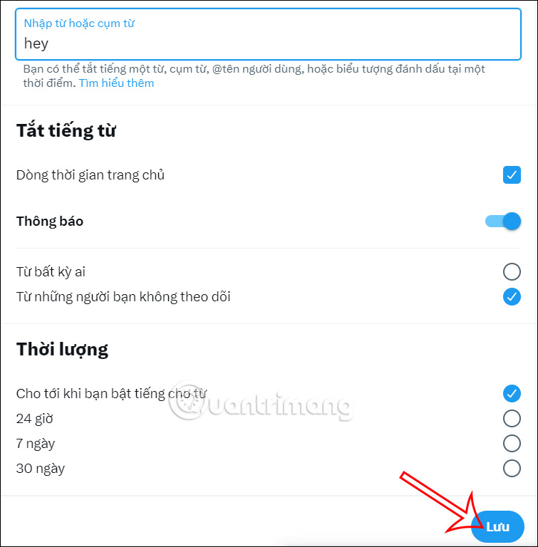 Thiết lập từ cần chặn trong Twitter