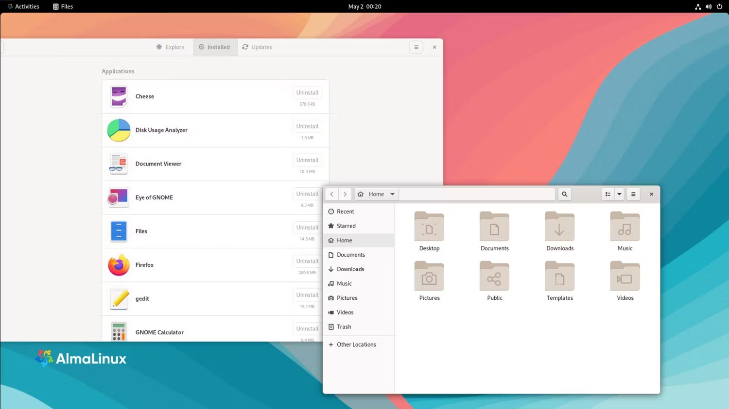 Desktop Alma Linux với các hộp thoại đang mở