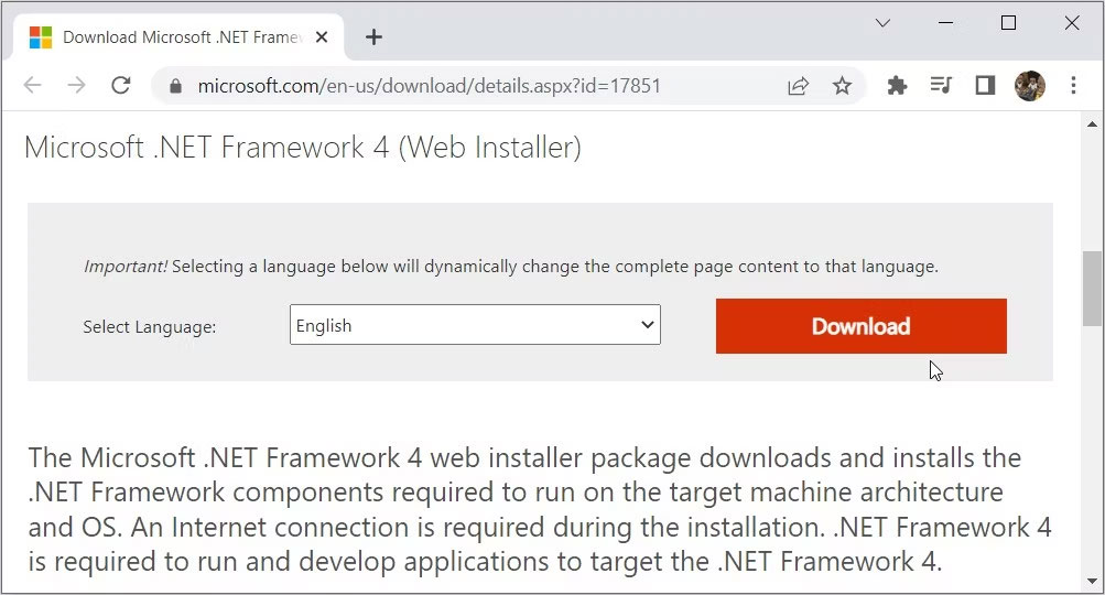 Tải xuống .NET Framework 4 bằng Web Installer