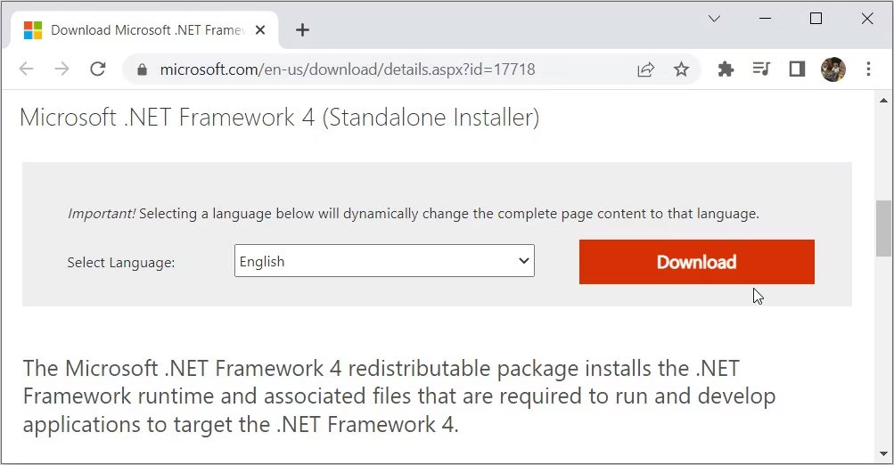 Tải xuống Dot NET Framework 4 bằng tùy chọn Standalone Installer
