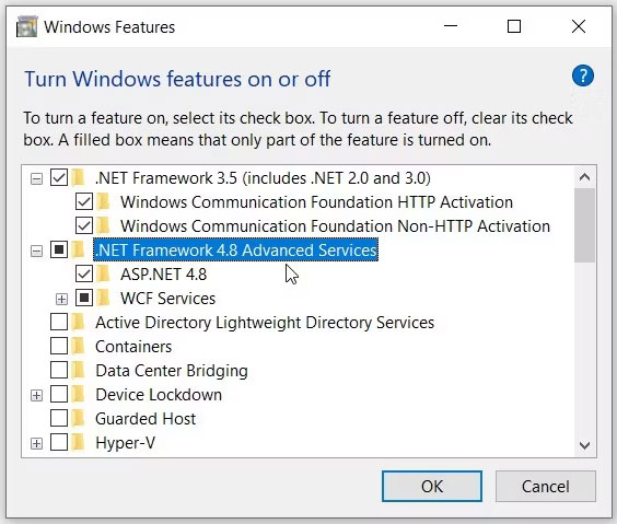 Kích hoạt tùy chọn Dot Net Framework trên Windows