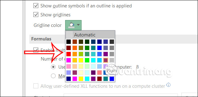 Chọn màu sắc đường lưới trang tính Excel 